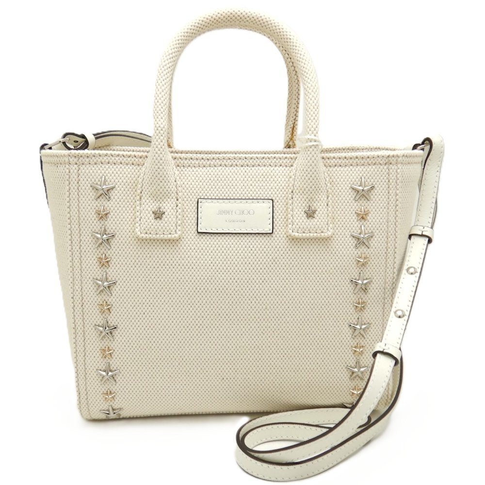 JIMMY CHOO Pegasi S CXH211 Handbag Star Studded Canvas x Leather NATURAL 251552 - Picture 10 of 10